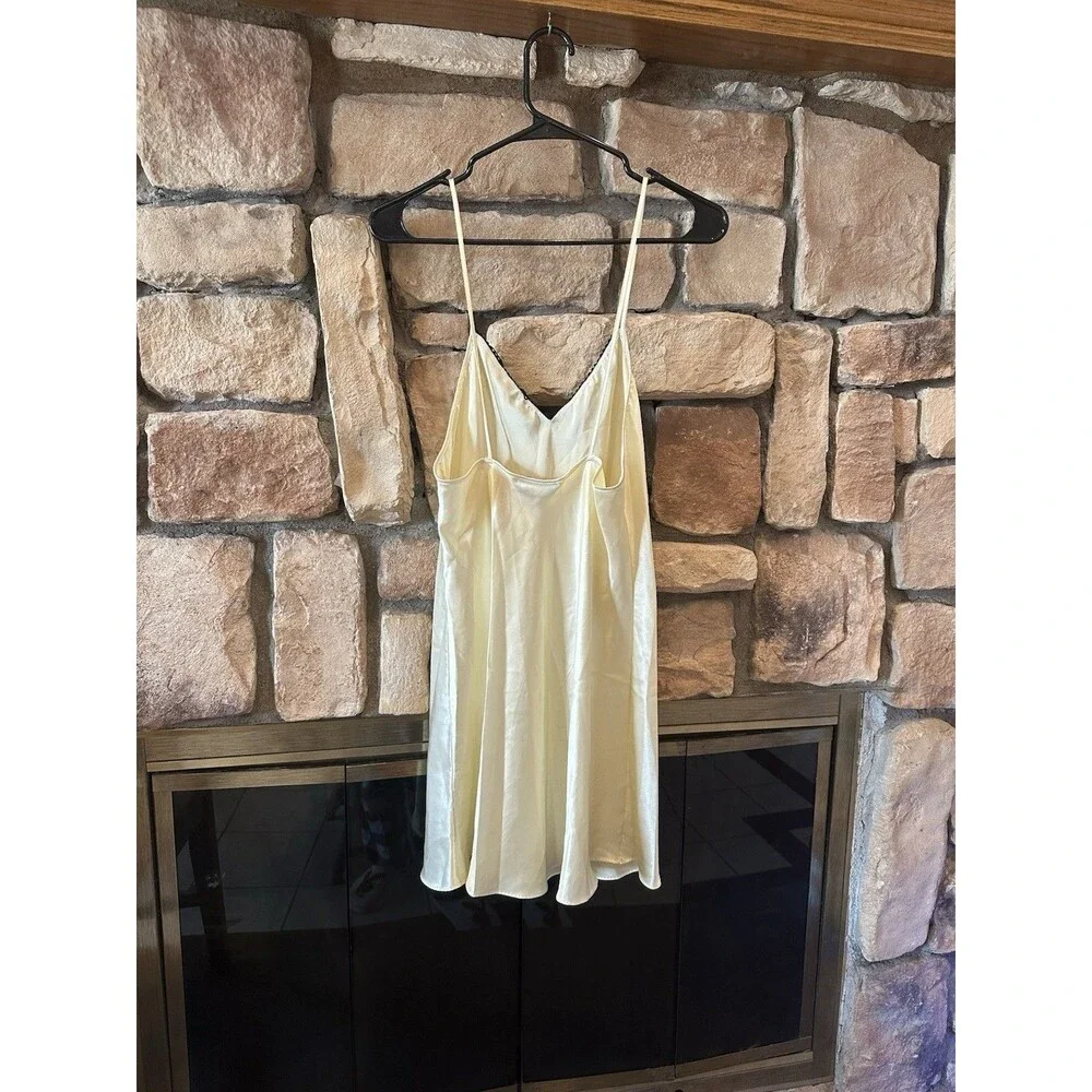 VTG 80s/90s Val Mode Satin Slip Dress Women’s Fringe M USA Gold Yellow Babydoll